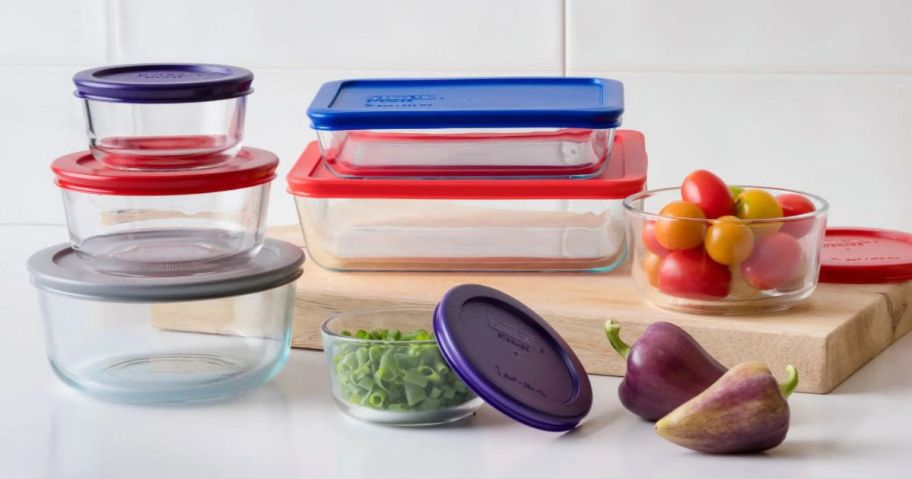 Pyrex Simply Store Glass 14-Piece Storage Container Set on counter with food around it