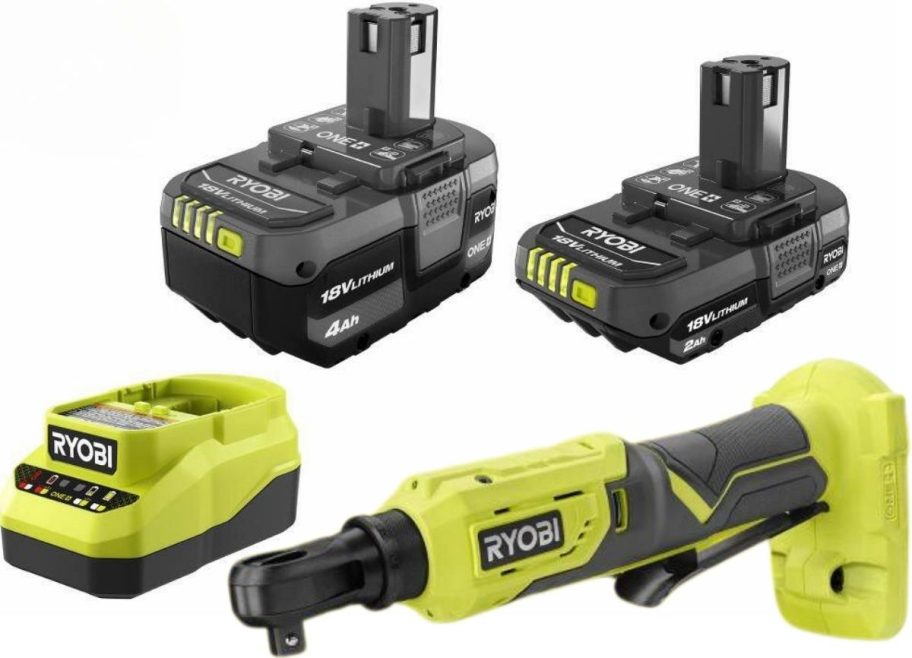 a ryobi cordless ratchet with 2 batteries 