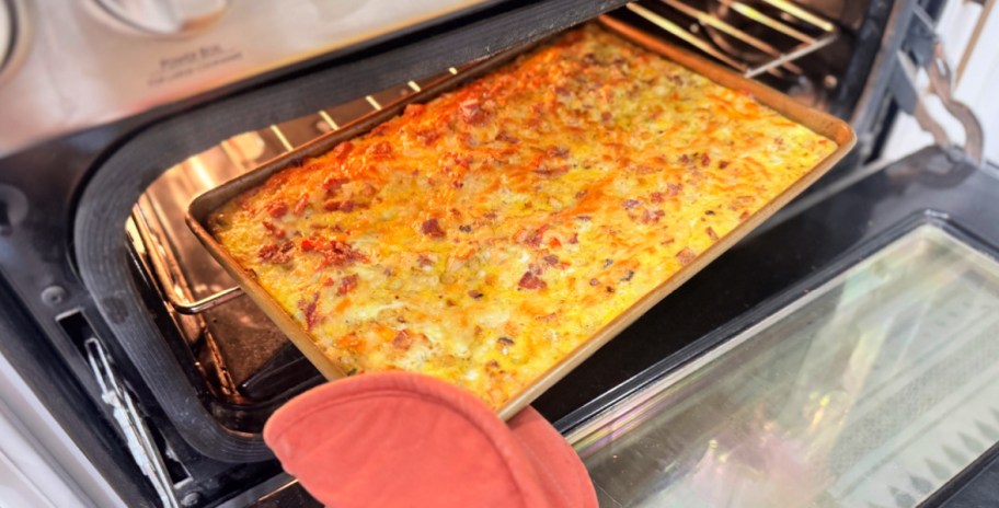 sheet pan potatoes, bacon and eggs after the oven 