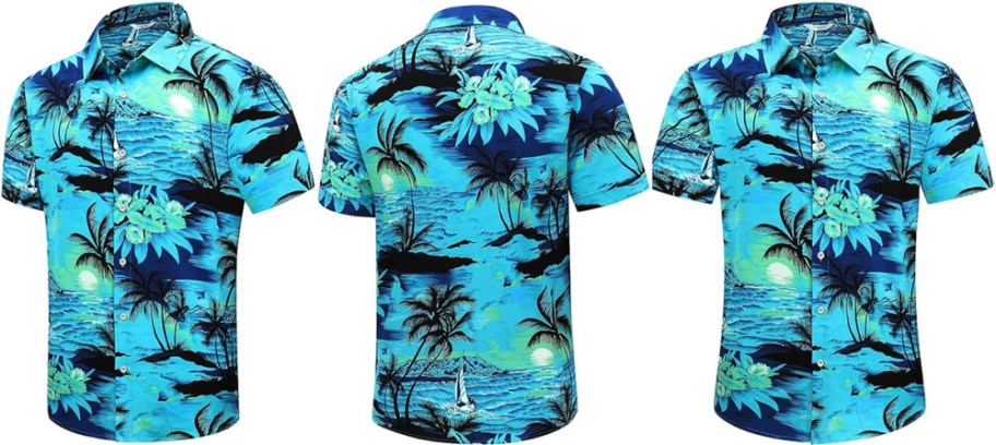 three blue hawaiian shirts in a row