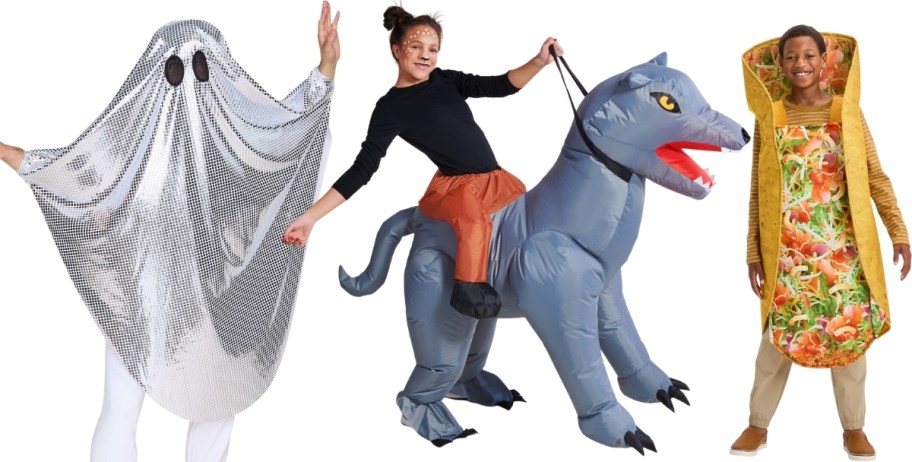 3 people wearing various halloween costumes