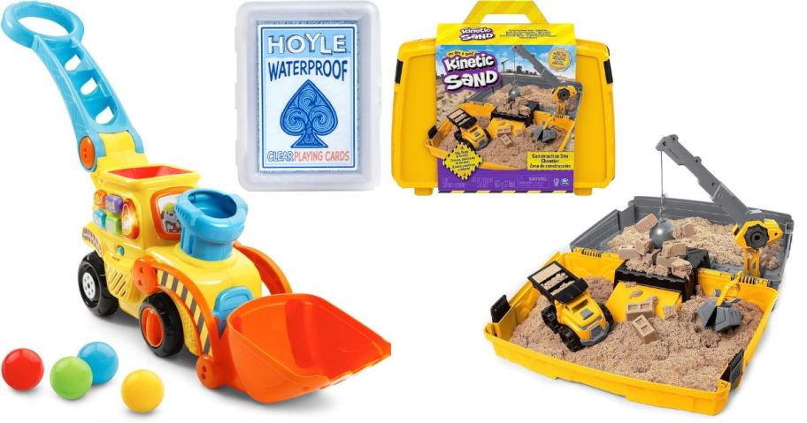VTech Pop-a-Balls Push & Pop Bulldozer, Kinetic Sand Construction Site Folding Sandbox, and Hoyle Waterproof Playing Cards