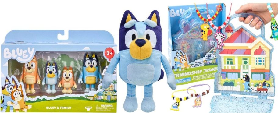 Bluey Family Figure 4-Pack, Talking Plush Toy, and Friendship Jewelry Set