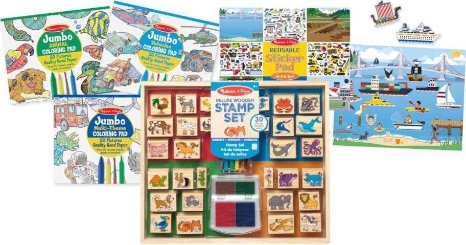 Melissa & Doug Jumbo 50-Page Kids' Coloring Pads 3-Pack, Deluxe Wooden Stamp Set, and Reusable Sticker Pad