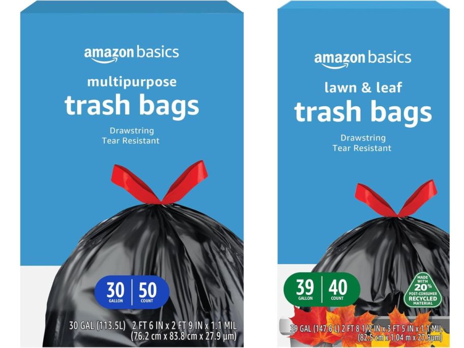 Amazon Basics 30-Gallon Trash Bags 50-Count and 39-Gallon Trash Bags 40-Count boxes