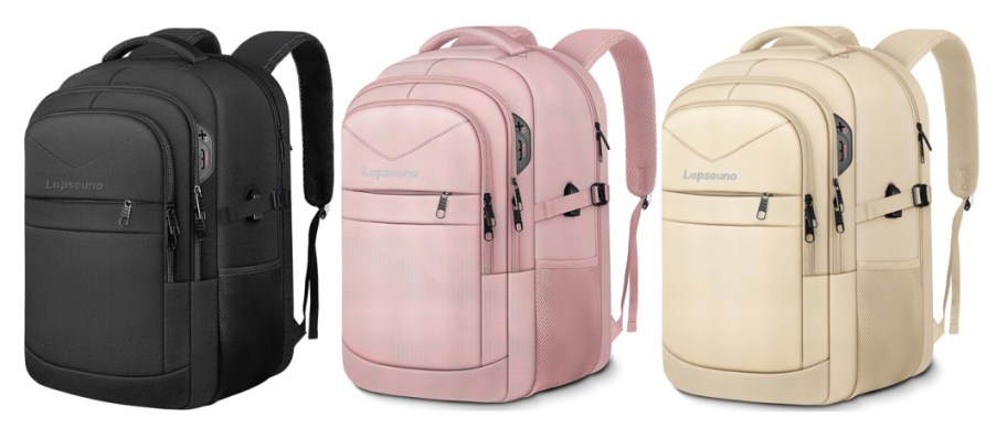 three travel backpacks in a row