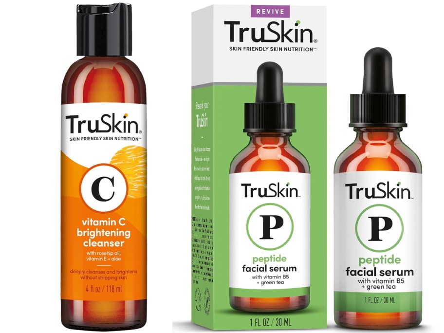 truskin brightening cleanser and facial serum bottles 
