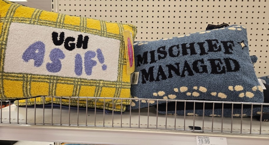 two novelty lumbar throw pillows on a store shelf