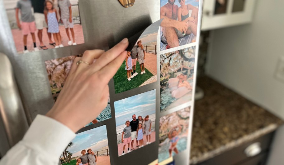 fridge full of family pictures featured on various walgreens photo magnets 