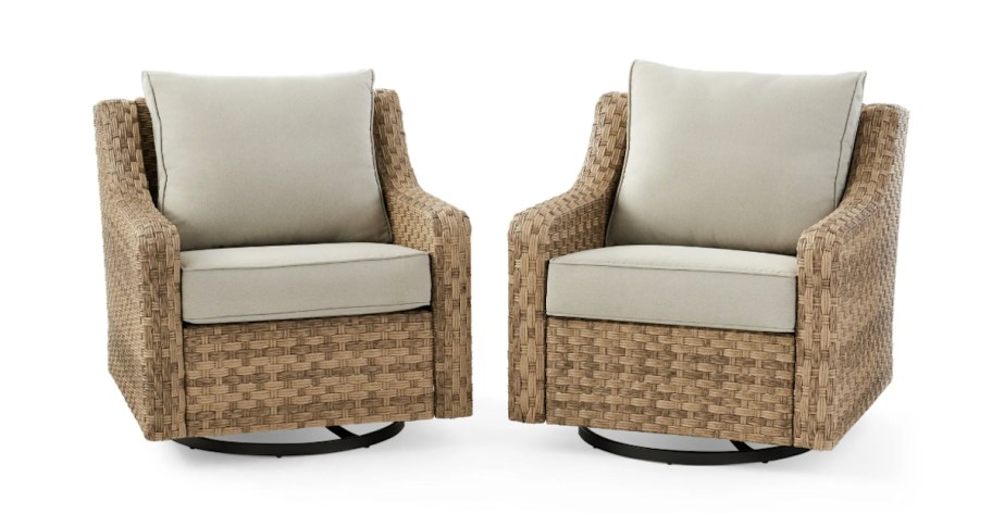 stock photo of wickers swivel chairs with tan cushions
