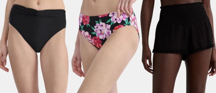 3 models in 3 styles of bikini bottoms