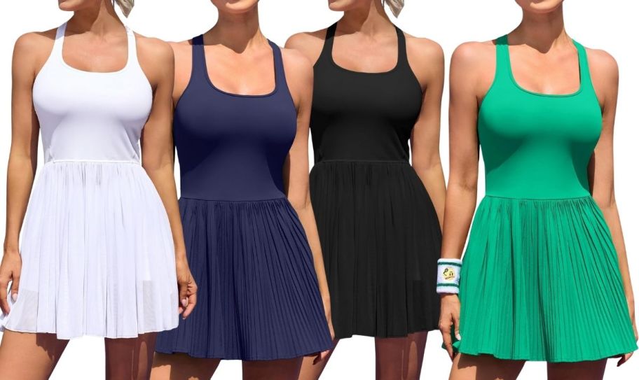 4 models wearing a tennis dress in 4 different colors