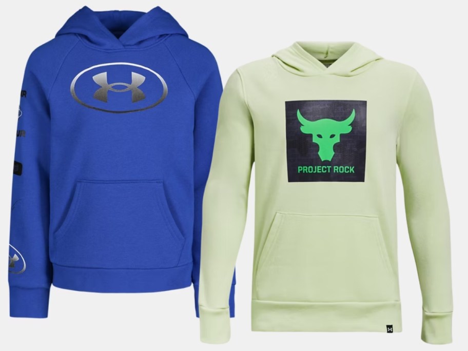 a blue Under Armour kids hoodie and a yellow Projecct Rock Under Armour kids hoodie