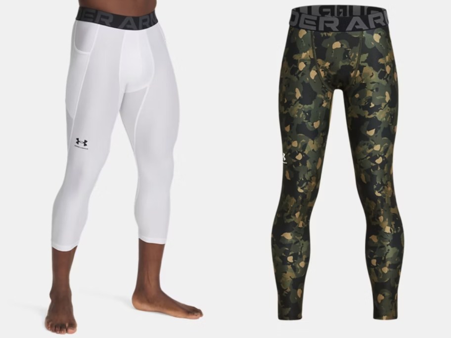 man's lower half wearing white Under Armour leggings and a camo type print pair of boy's Under Armour leggings
