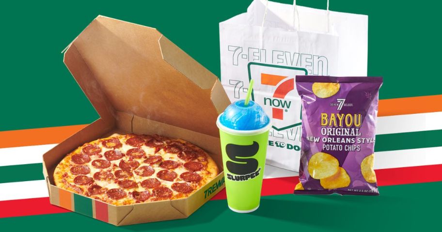 A 7-Eleven Pizza, Slurpee, Chips and a 7Now Delivery Bag