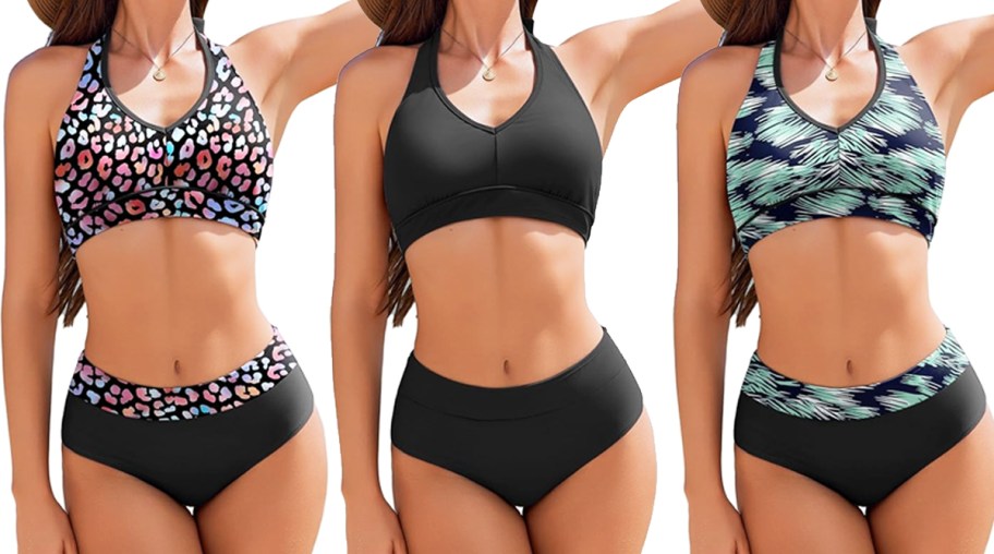 three women in black high waisted bikini sets