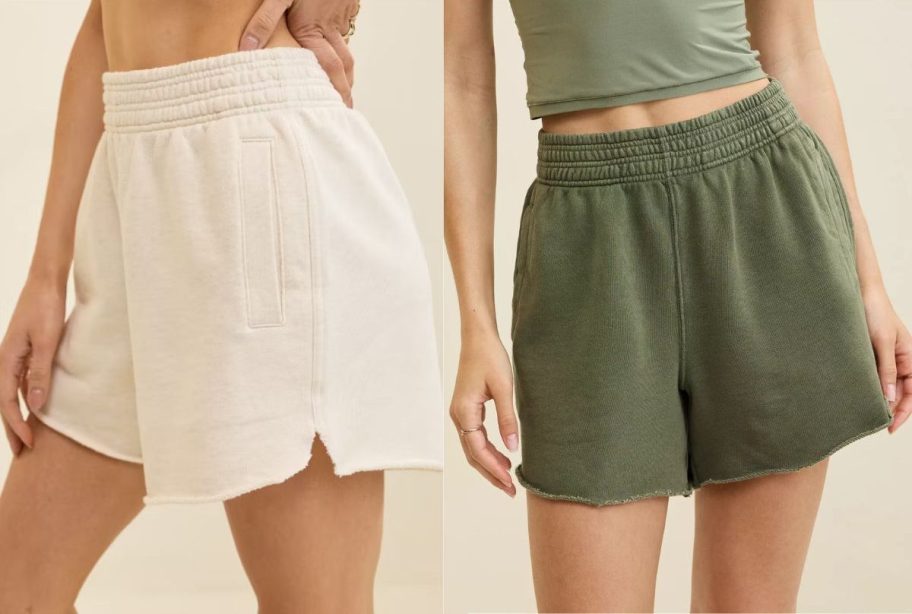 Stock images of two women wearing Aerie On My Way! High-Waisted Shorts