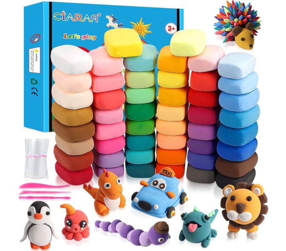 Stock image of a 50-count box of air dry clay with sculpting tools and extra poly bags