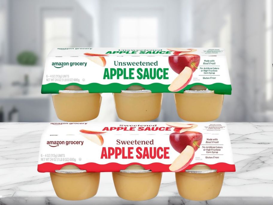 Amazon Apple Sauce boxes on top of a kitchen counter