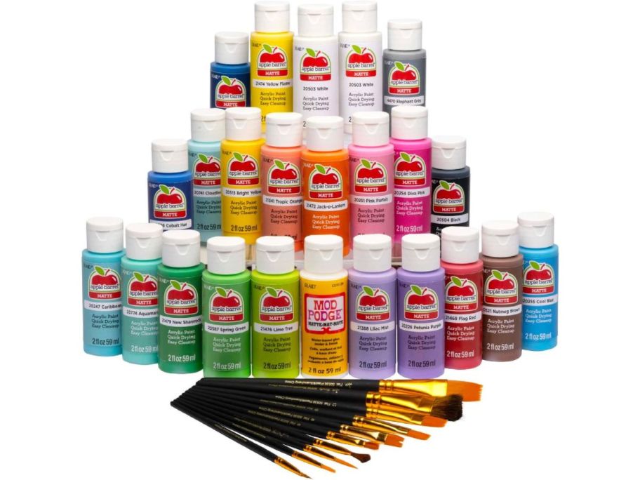 22 paint bottles in a pyramid with brushes