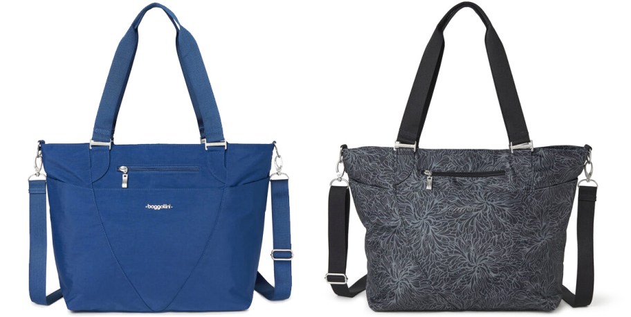 two blue and black tote bags with crossbody straps
