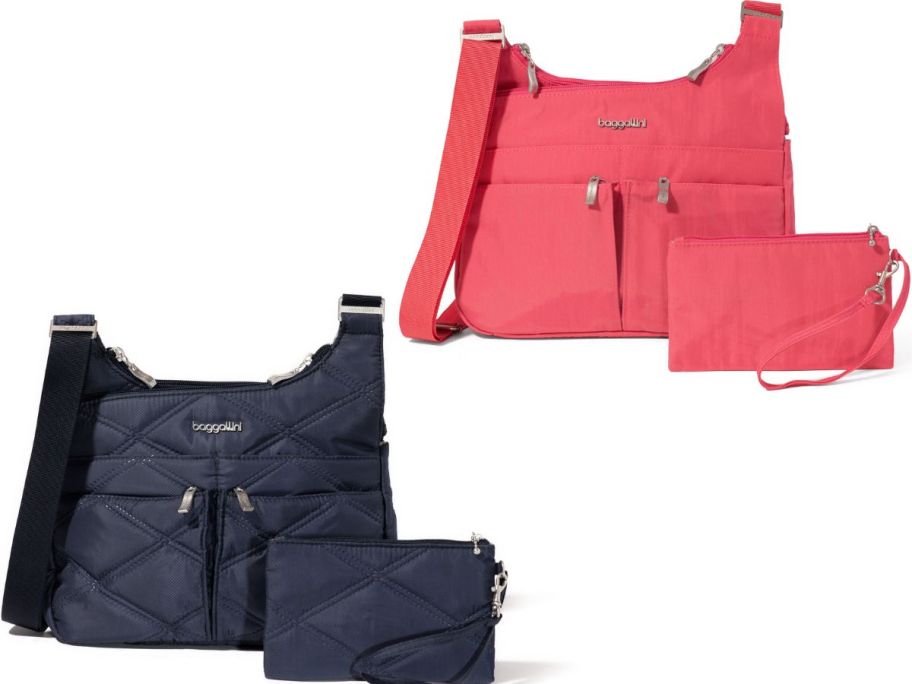 Stock images of navy blue quilted and bright coral color Baggallini Cross Over Crossbody Bags