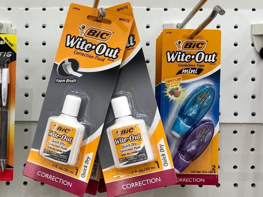 Bic Wite Out & Correction Tape hanging on pegs at Target