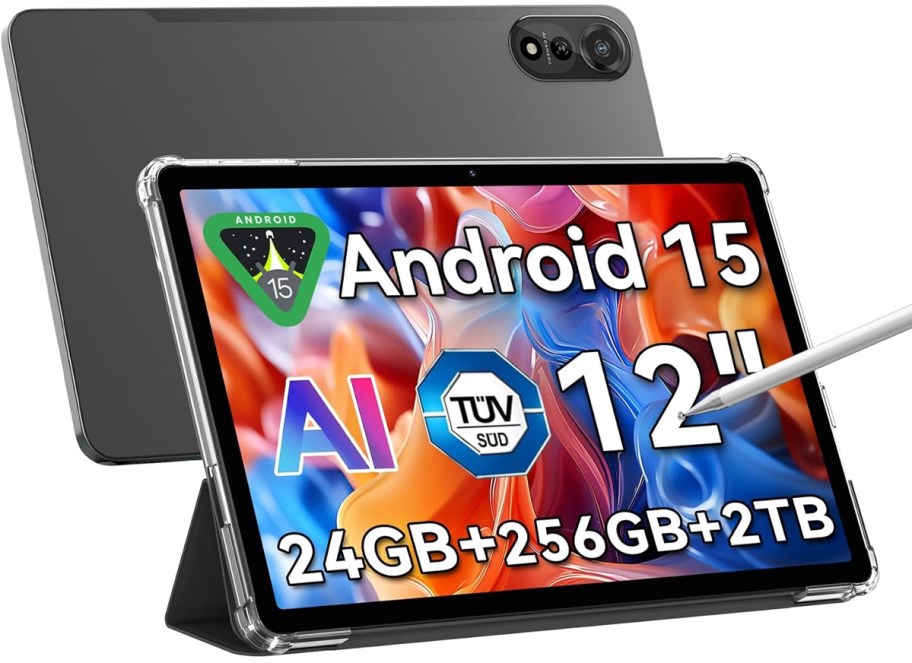 Blackview 12in Android Tablet on display with specs on the screen
