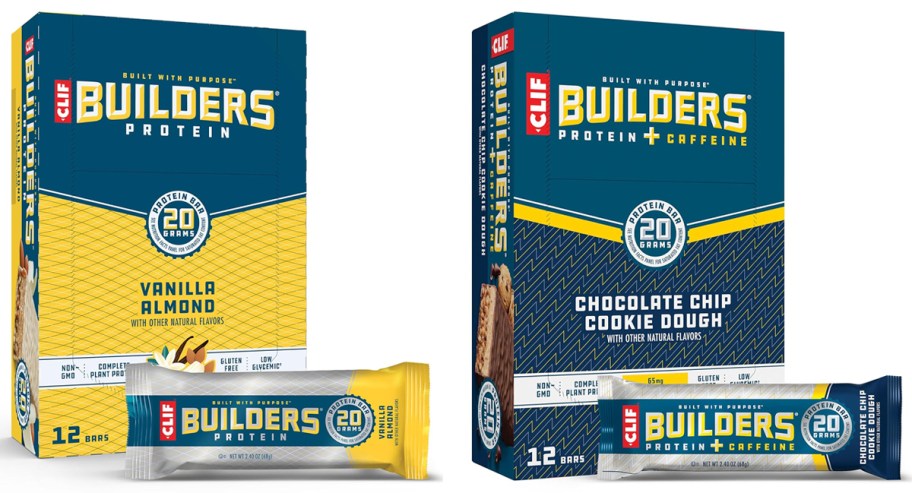 CLIF Builders 12-Pack in Vanilla Almond and CLIF Builders + Caffeine 12-Pack in Cookie Dough