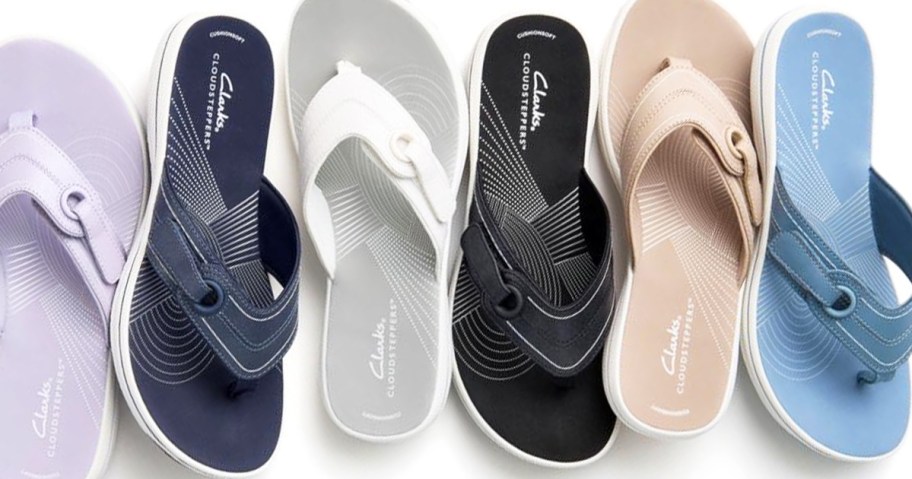 multiple pairs of Clarks flip flops in a row