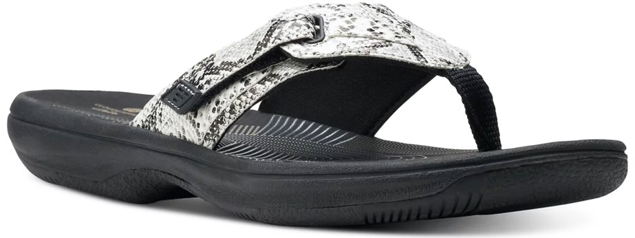 black flip flop with snakeskin print strap