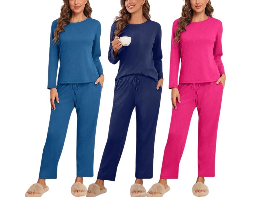 3 women wearing long sleeved pajamas in various colors 