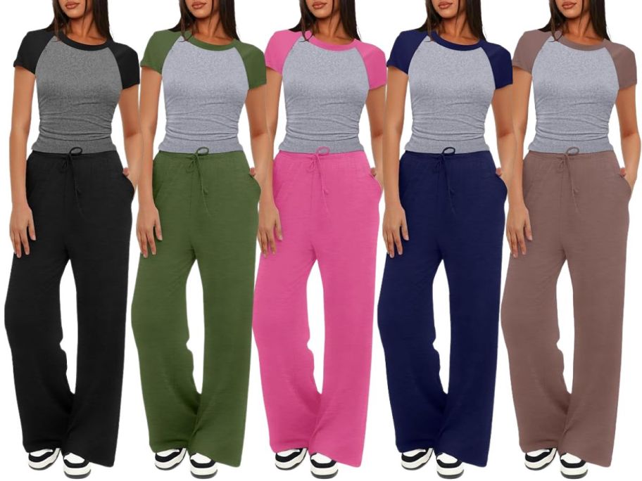 5 women wearing long pajamas in various colors 