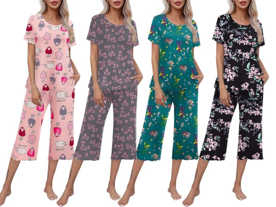 4 women wearing pajamas in various patterns