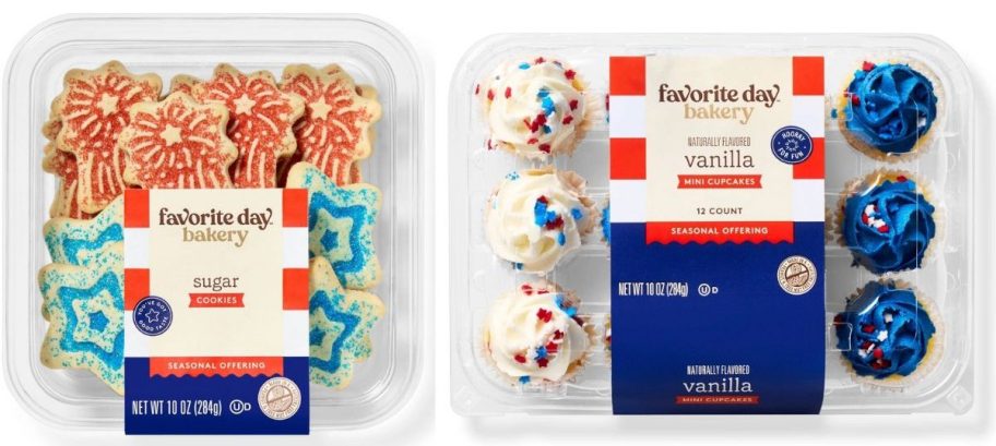 Patriotic cookies inside of their box next to patriotic mini cupcakes 