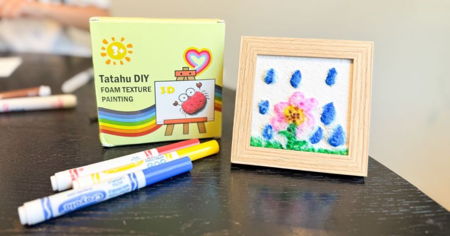A foam paper craft kit with a framed picture of flowers and a few markers