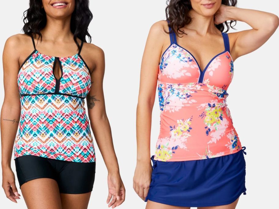 Stock images of two women wearing Free Country tankini tops