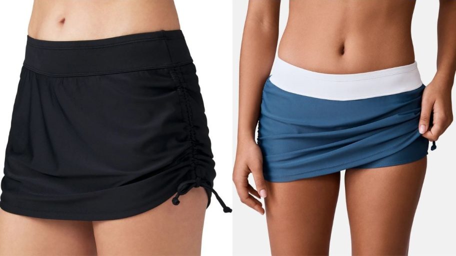 Stock images of two women wearing Free Country swim skirts