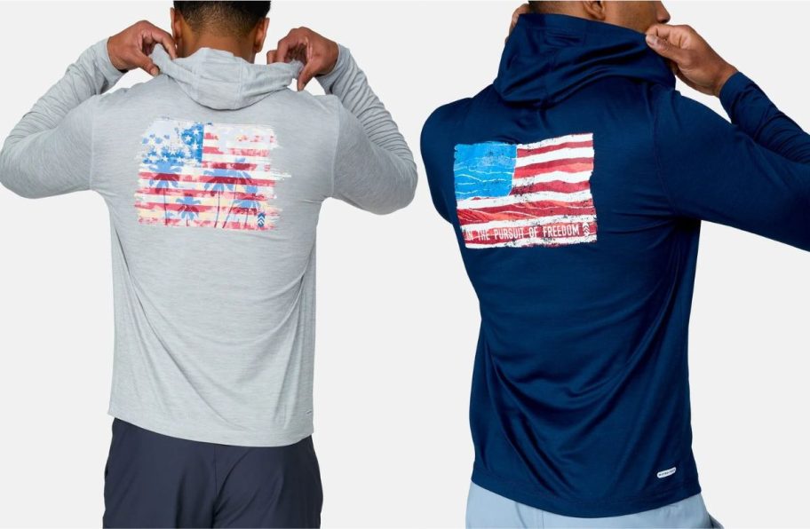 Two Men wearing Free COuntry UPF graphic hoodies in gray and navy blue with patriotic designs on the back