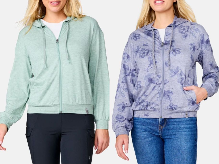 Stock images of two women wearing Free Country Cloud Knit zip hoodies