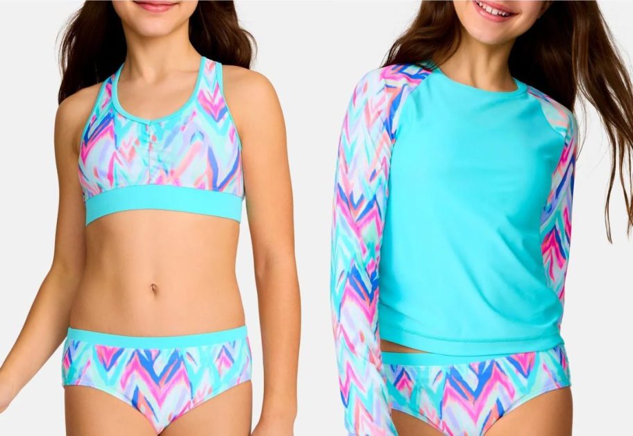 Two girls wearing Free Country 3-Piece swim Sets