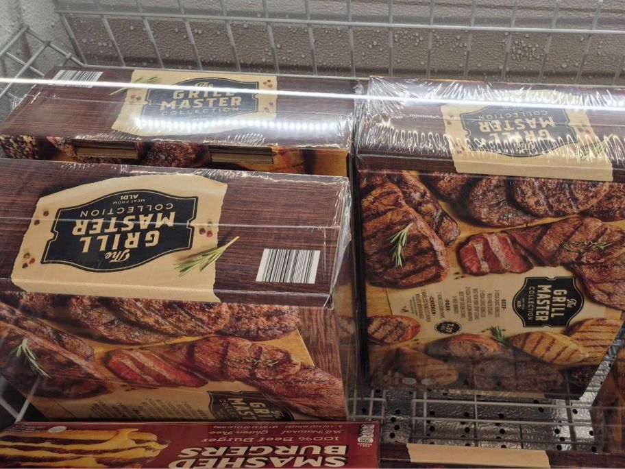 multiple boxes of grill master collection boxes inside of the freezer