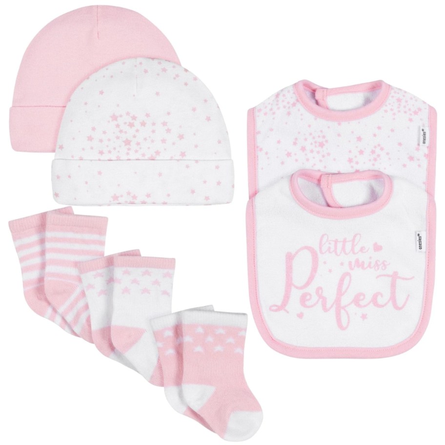 pink and white baby socks, hats and bibs