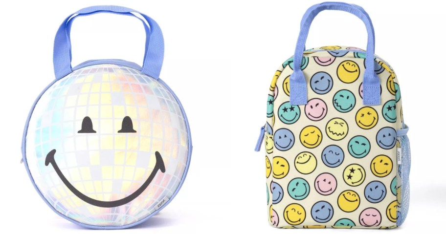 a round smiley face lunch bag and an oval lunch bag with colorful smiley faces on it