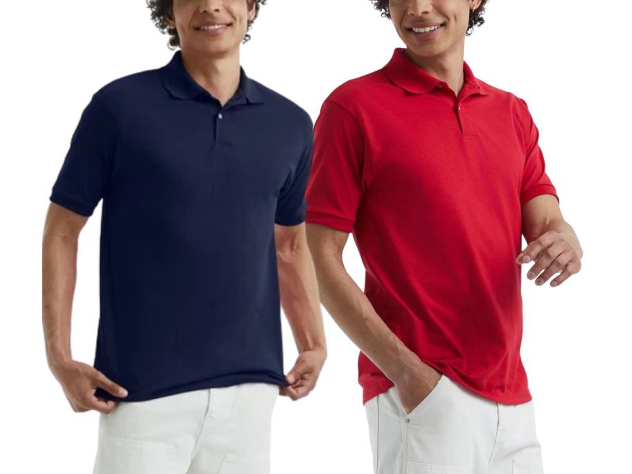 2 men wearing Hanes polo shirts: one in blue and the other in red
