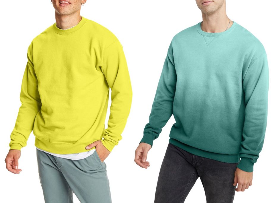 2 men wearing Hanes sweatshirts 