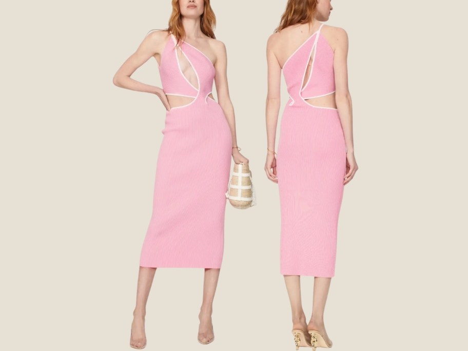 a woman in a light pink cutout body con maxi dress