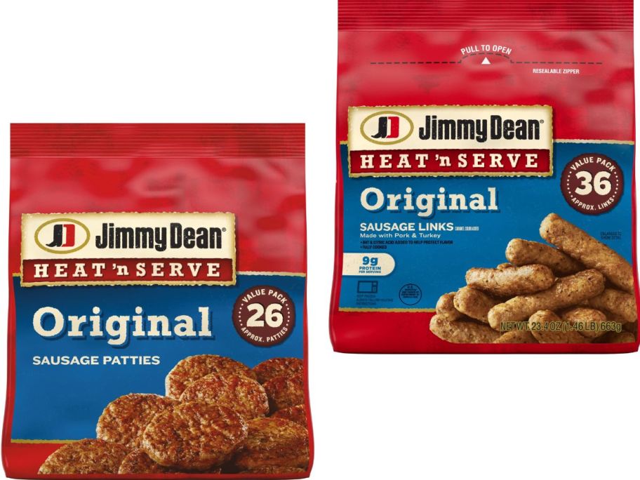 Stock images of two bags of Jimmy Dean Heat & Serve Breakfast Sausages