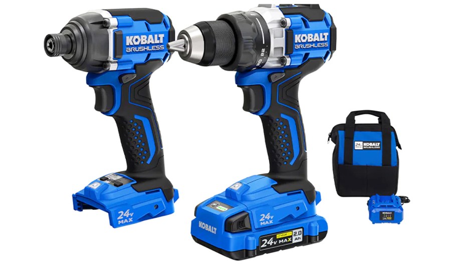 blue and black Kobalt Impact Driver, Impact Drill, charger, and bag