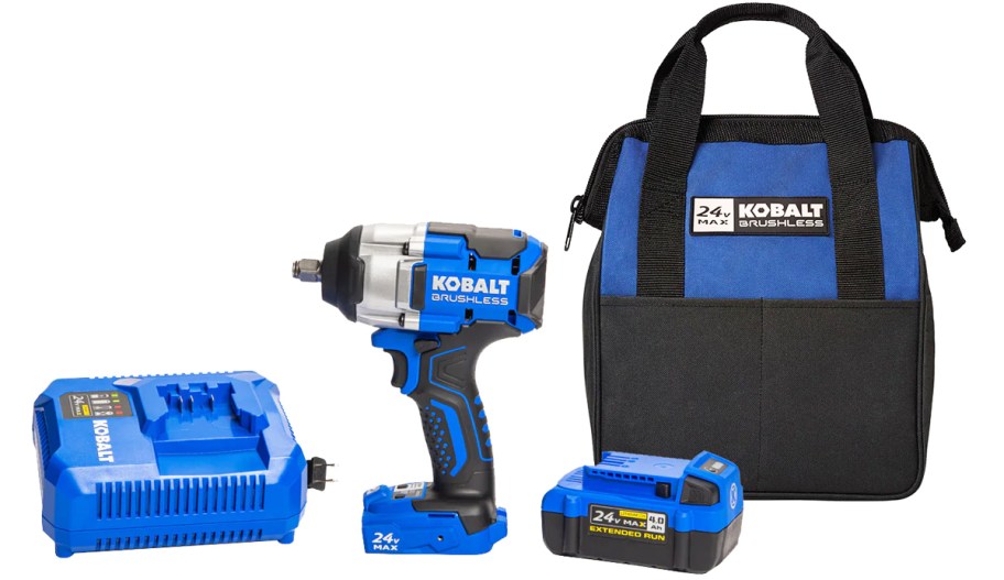 blue and black Kobalt Impact Wrench, battery, charger, and bag